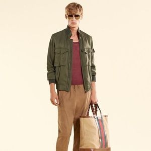 NEW Authentic Gucci Men's Silk Bomber Military Jacket Olive Green IT 48